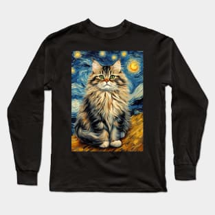 Adorable Siberian Cat Breed Painting in a Van Gogh Starry Night Art Style Long Sleeve T-Shirt